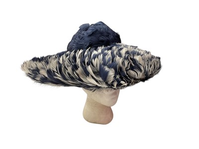 Lot 2103 - Two boxes of vintage hats, men's hats include top hats, bowler hats, felt hats, women's hats include 1950's black velour veiled hat, 1960's mod peaked hat, wide brim blue and white feather hat,...