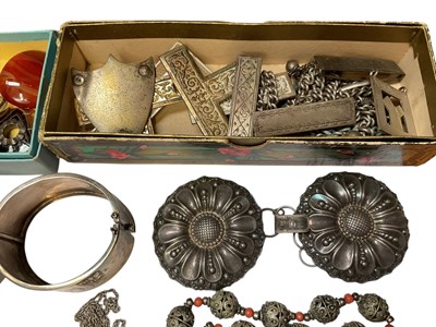 Lot 85 - Two Victorian white metal bangles with engraved decoration, Victorian white metal oval locket, other silver and white metal jewellery, banded agate cross pendant, Victorian gilt metal and enamel...