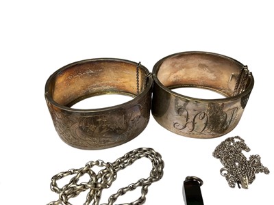 Lot 85 - Two Victorian white metal bangles with engraved decoration, Victorian white metal oval locket, other silver and white metal jewellery, banded agate cross pendant, Victorian gilt metal and enamel...