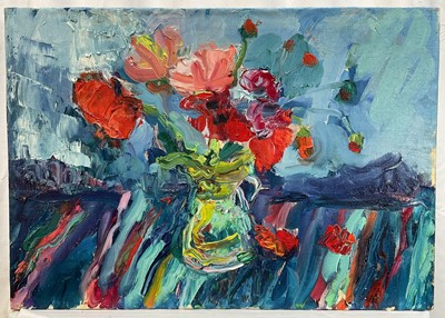Lot 168 - Annelise Firth (b. 1961) oil on canvas laid on board, Pink and Red Poppies, 2024, signed verso, 42cm x 60cm, unframed