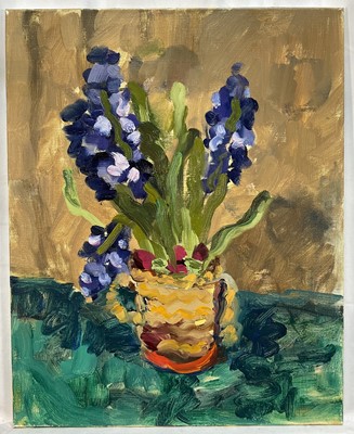 Lot 172 - Annelise Firth (b. 1961) oil on canvas, Hyacinth on linen silk, 2024, signed verso, 50cm x 40cm, unframed