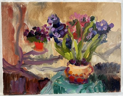 Lot 173 - Annelise Firth (b. 1961) oil on canvas, Hyacinth and Cyclamen, 2024, signed verso, 35cm x 46cm, unframed