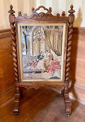 Lot 1207 - Good quality Victorian rosewood fire screen, the central needlework panel flanked by barley twist supports, on splayed legs and castors, 109cm high x 60cm wide