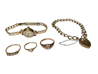 Lot 36 - 9ct gold bracelet with padlock clap, 9ct cased ladies' wristwatch on plated bracelet, two 9ct gold rings and 18ct gold diamond set ring