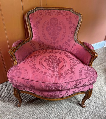 Lot 1581 - Louis XVI style armchair with channel carved showwood frame and terracotta floral upholstery