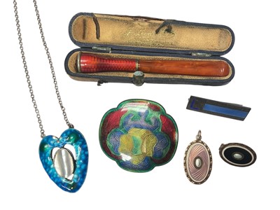 Lot 44 - Art Nouveau silver, enamel and mother of pearl pendant necklace, Norwegian silver and enamel brooch signed J Tostrup and Monster Beskyttet etc