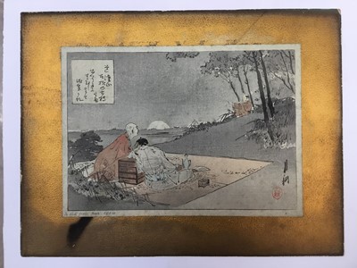 Lot 263 - Two antique Japanese woodblock prints laid on card, inscribed 1904 in pencil, 15cm x 22cm