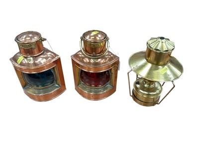 Lot 2426 - Pair of modern port and starboard lamps and a hanging oil lamp (3).