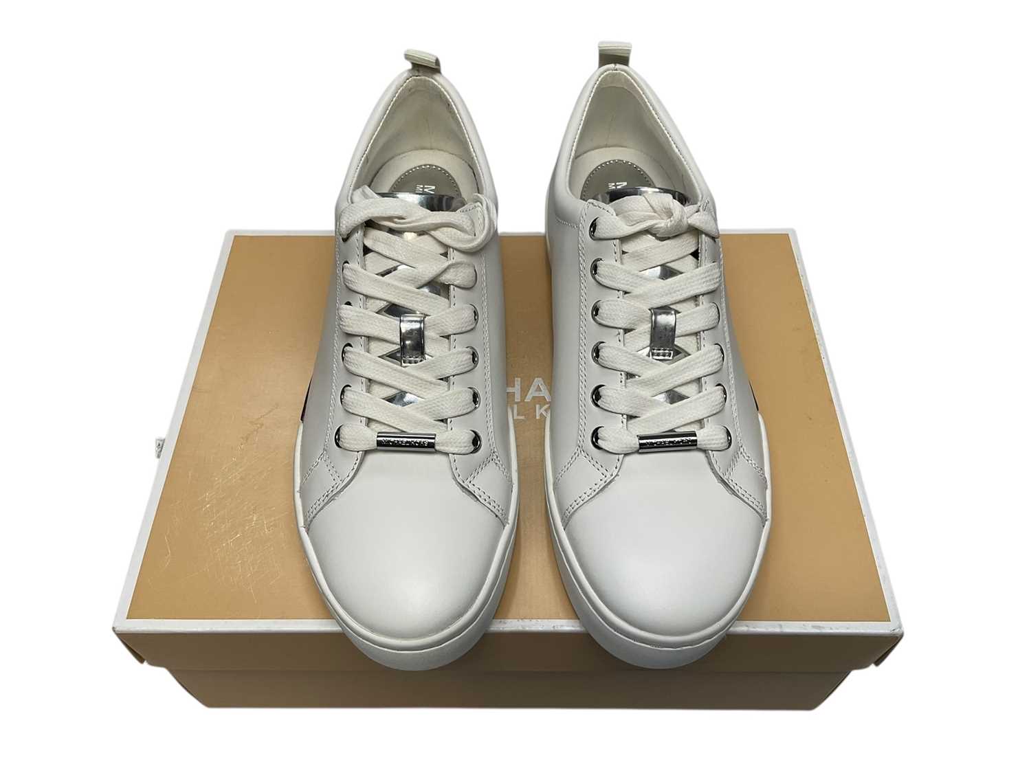 Lot 2107 - Michael Kors trainers Brenden white / silver size 5 new. Two pairs of Mallett London trainers Popham Gas Infared pre-owned and Popham Gas Midnight Blue pre-owned. Both size 8, boxed with light...