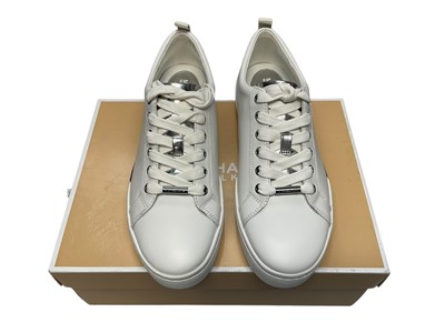 Lot 2107 - Michael Kors trainers Brenden white / silver size 5 new. Two pairs of Mallett London trainers Popham Gas Infared pre-owned and Popham Gas Midnight Blue pre-owned. Both size 8, boxed with light...