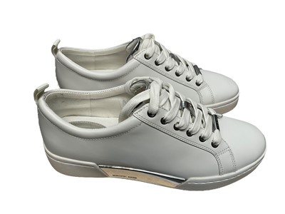 Lot 2107 - Michael Kors trainers Brenden white / silver size 5 new. Two pairs of Mallett London trainers Popham Gas Infared pre-owned and Popham Gas Midnight Blue pre-owned. Both size 8, boxed with light...