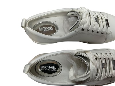 Lot 2107 - Michael Kors trainers Brenden white / silver size 5 new. Two pairs of Mallett London trainers Popham Gas Infared pre-owned and Popham Gas Midnight Blue pre-owned. Both size 8, boxed with light...
