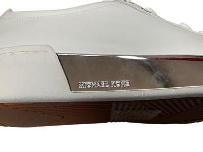 Lot 2107 - Michael Kors trainers Brenden white / silver size 5 new. Two pairs of Mallett London trainers Popham Gas Infared pre-owned and Popham Gas Midnight Blue pre-owned. Both size 8, boxed with light...