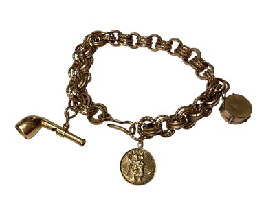 Lot 1118 - Gold plated fancy link bracelet with three gold charms
