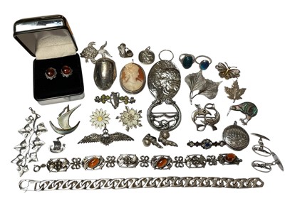 Lot 170 - Group of silver and white metal jewellery including Norwegian silver and enamel brooches, RAF sweetheart brooch, cameo brooch, amber etc