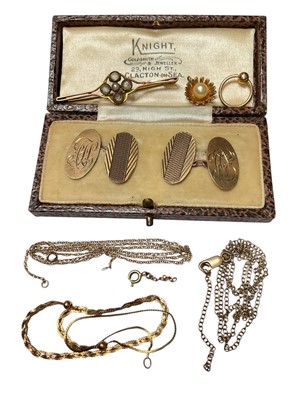 Lot 64 - Pair 9ct gold cufflinks in fitted case, together with 9ct gold pearl flower pendant, 9ct gold gem set bar brooch, 9ct gold broken chains and gold hoop stamped 14k