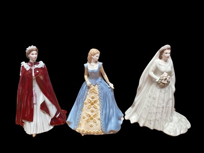 Lot 984 - Four Royal Worcester figures - In Celebration Of The Queen's 80th Birthday, Rosalind and Her Majesty Queen Elizabeth II, and Ophelia, together with a Coalport figure - Madam Butterfly and a Doul...