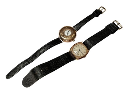 Lot 70 - 1920s 9ct gold cased half hunter wristwatch and one other 9ct gold cased Shield wristwatch, both on black leather straps