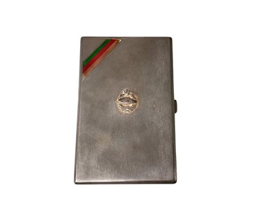 Lot 696 - Elizabeth II silver cigarette case with engine turned decoration, applied Tank Corps regimental badge and enamel regimental colours, (Birmingham 1952), maker John William Barrett, engraved to in...