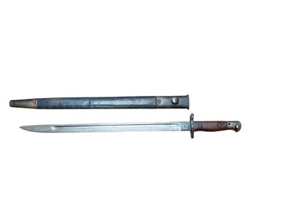 Lot 687 - First World War British 1907 Pattern bayonet with steel blade by Sanderson (sharpened for active service), in steel mounted leather scabbard