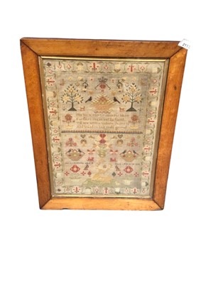 Lot 2113 - Victorian Sampler Ann C Turkentine Aged 10 years March 24 1848. Embroidered central verse, opposing trees, birds, flowers, fruit baskets, stag and crown. Framed and glazed. 50cms x 40cms.