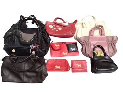 Lot 2115 - Radley leather bags including picture bag 'Dog of the Manor', small black grab bag, large soft black leather bag, button bag, embroidered bag, (7), plus some purses insoft bags.