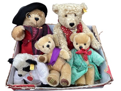 Lot 1961 - Steiff bears Aunt Lucy 00295, 00683, 030512 plus two Merrythought bears including Queen's Golden Jubilee with tags.