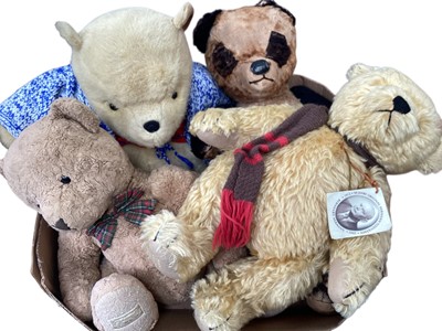 Lot 1963 - Herrmann Replica Bear 2002 with tags, old panda bear, large Pooh bear plus a selection of other bears.