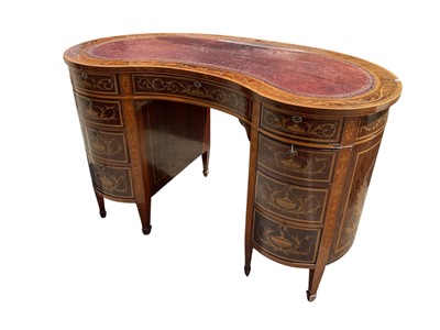 Lot 1491 - Edwardian mahogany and marquetry kidney shaped desk/dressing table,...