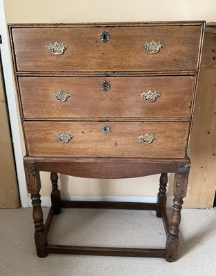 Lot 1494 - Early 18th century three drawer chest on stand