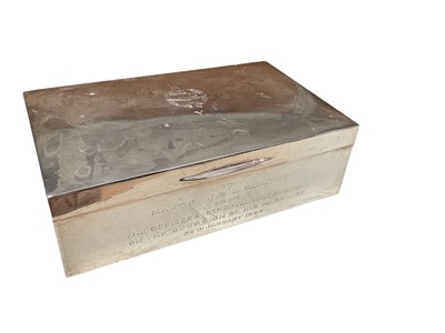 Lot 697 - Elizabeth II silver cigarette box of rectangular form with engraved Tank Corps Regimental badge to lid and engraved presentation inscription 'To Major J. R. L. Caunter from the Officers 5th Roya...