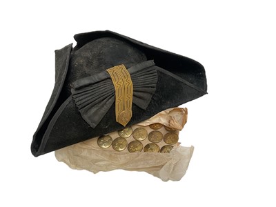 Lot 714 - Old theatrical Georgian Officers bi-corn hat by Nathan, Covent Garden and lot theatrical Georgian crowned GR military brass buttons by Pitt & Co