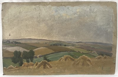 Lot 96 - English School, early 20th century, oil on card - Harvest Landscape, unframed, 26cm x 40cm