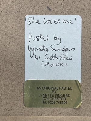 Lot 99 - Lynette Singers, contemporary, pastel - a cockerel, 'She Loves Me', signed and inscribed, in glazed frame