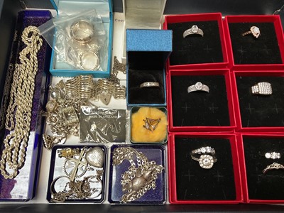 Lot 98 - Group of silver and white metal jewellery including chains, pendants, rings, gate bracelet, charm bracelet etc