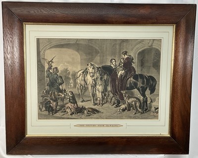 Lot 388 - 19th century black and white print - The Return From Hawking, 33cm x 48cm, together with another smaller pair, each in oak frame