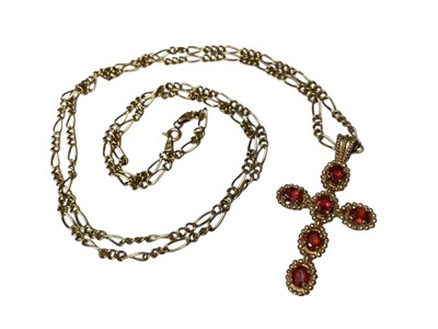 Lot 106 - 9ct gold gem set cross pendant, 4.5cm, on 9ct gold chain, 80.5cm long