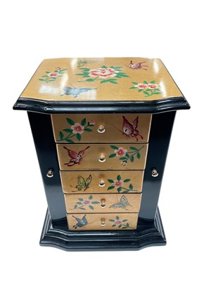 Lot 306 - Black lacquer and gilt jewellery cabinet with painted butterfly and floral decoration containing vintage costume jewellery, simulated pearls, various other bead necklaces etc