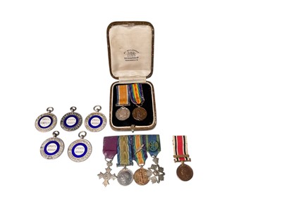 Lot 719 - First World War miniature medal pair in Spink & Son box, together with other miniature medals and five silver and enamel fobs.