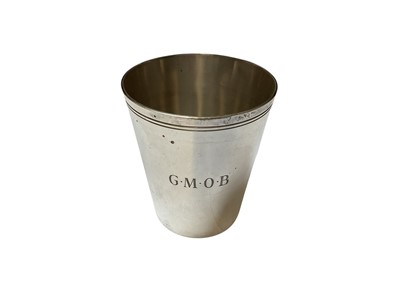Lot 117 - Tiffany & Co silver beaker with engraved initials G.M.O.B (London 1992), 7.6cm high x 6.6cm rim diameter