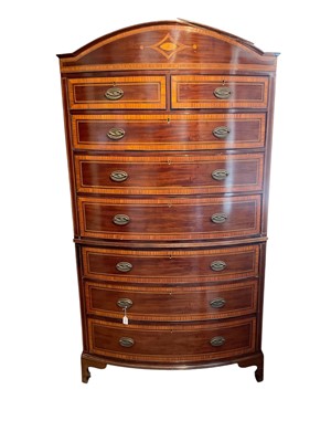 Lot 1598 - 19th century mahogany and satinwood crossbanded bowfront chest on chest