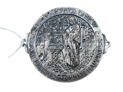 Lot 2164 - Vintage St. Bartholomew 'Guard Prosper and Bring Happiness' car dashboard badge, 6.4cm in diameter.