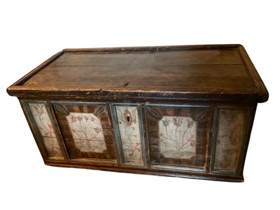 Lot 1473 - 19th century Continental painted marriage chest, with five panel front, 119cm wide x 62cm deep x 56cm high