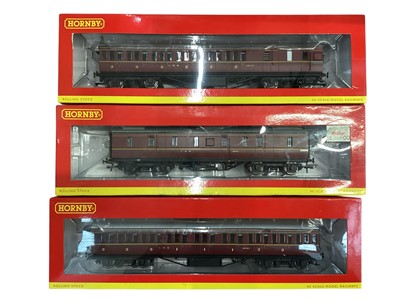 Lot 1758 - Hornby OO Gauge LMS pack of three First & Third Class coaches, plus four non-corridor composite & brake coaches, full brake coaches and LNER teak composite coach, all boxed (11)