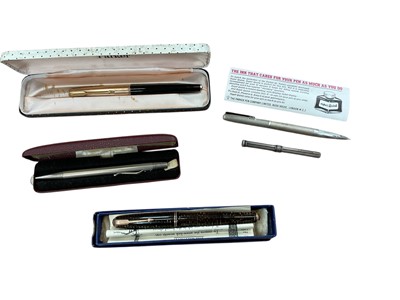 Lot 2425 - Sampson Mordan Propelling Pencil, silver cased Yard 'o' lead ballpoint pen, another similar and two fountain pens (5).