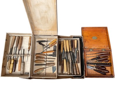Lot 2542 - 44 x Victorian and later carving chisels and gouges by Marples, Addis etc in 2 custom tool boxes (4 trays)