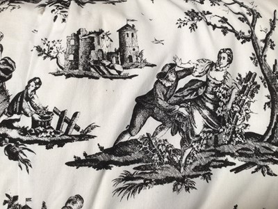 Lot 2134 - Curtains black toile, lined and interlined, pinch pleat heading plus two matching cushions and small pieces of extra fabric, measured flat width 280cms x drop 200cms.
