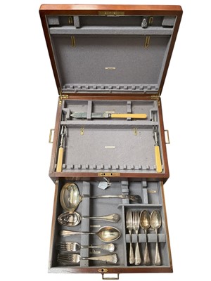 Lot 2541 - Mahogany and brass cased canteen of heavy silver plated cutlery (approx 48 pieces)
