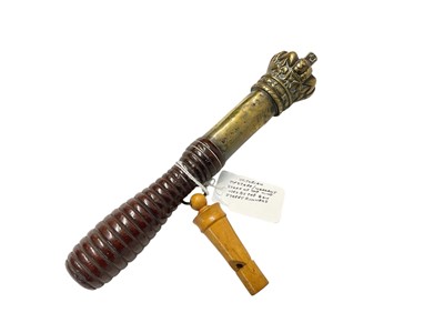 Lot 743 - Victorian brass tipstaff / warrant serving truncheon with turned wood handle and a boxwood whistle.