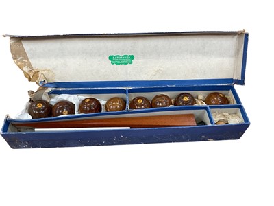 Lot 2428 - E. J. Riley Ltd of Accrington- set of table bowls: comprising eight turned wood miniature bowls, jack and wooden ramp, in original box with instructions.